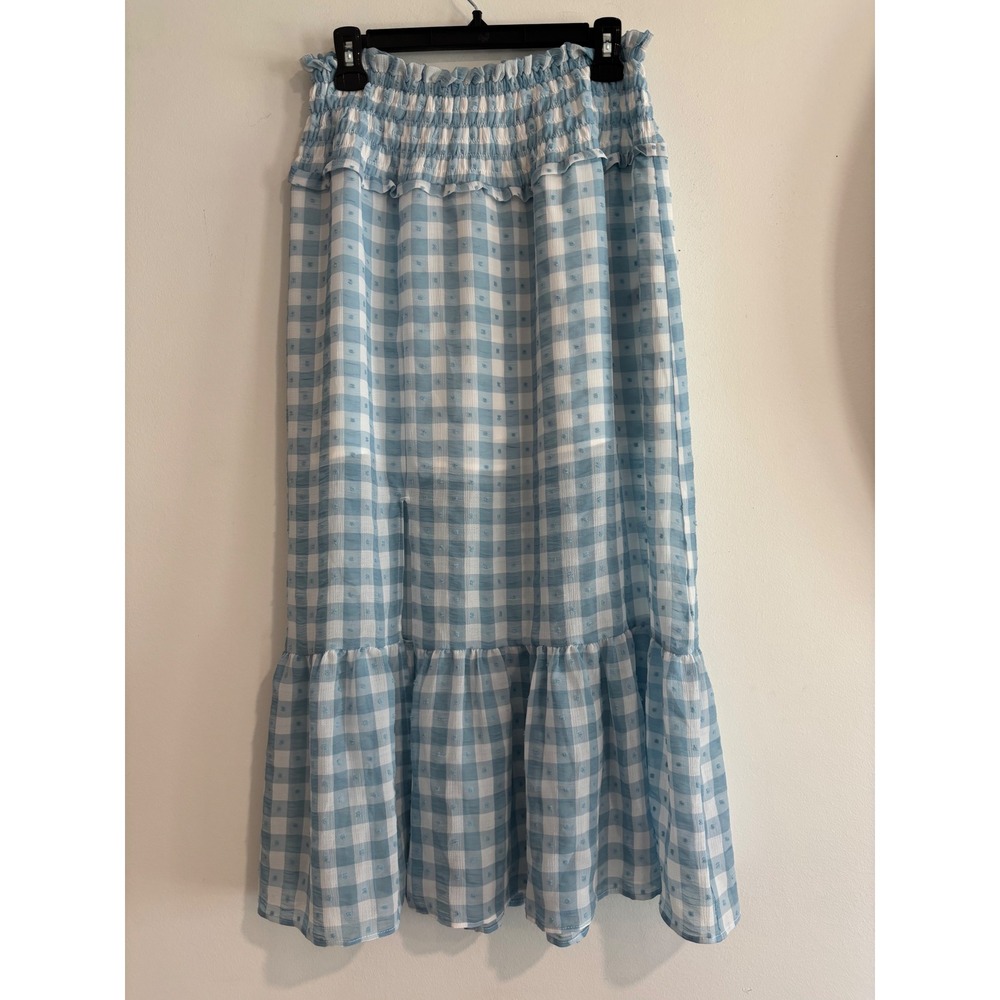 Topshop Gingham Swiss Dot Midi Skirt Womens Size 6 Blue Smocked Tiered Ruffle